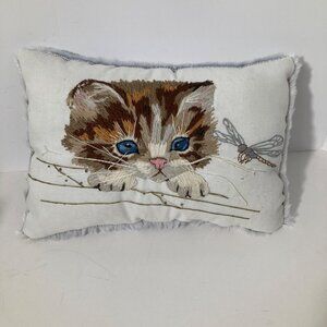 Handmade Crewel Embroidered Kitty Dragonfly Pillow Faux Fur Backing 10 x 6 x 4"